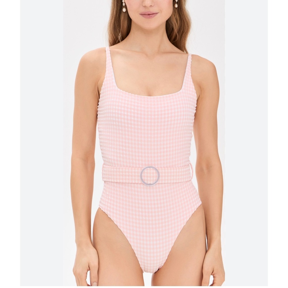 PQ Swim One Piece Swimsuit Size S Pink Gingham Belted Textured NWT